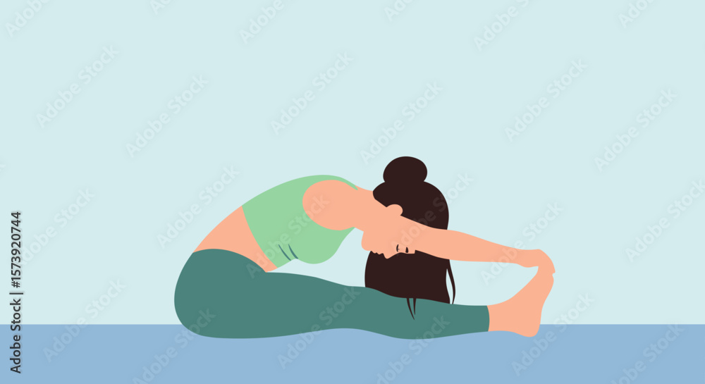 Young woman in forward bend yoga pose on blue background Young woman in forward bend yoga pose on blue background