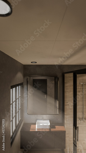 Minimalist bathroom interior 3D render featuring modern vanity, wall mirror, rainfall shower, and soft natural lighting through window. Concrete and wood textures enhance warmth and elegance.