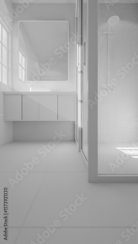 Minimalist bathroom interior 3D render featuring modern vanity, wall mirror, rainfall shower, and soft natural lighting through window. Concrete and wood textures enhance warmth and elegance.