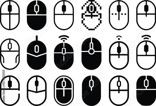 A collection of computer mouse icons displayed in rows on a light gray background showcasing various designs