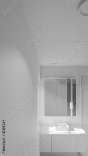 Minimalist bathroom interior 3D render featuring modern vanity, wall mirror, rainfall shower, and soft natural lighting through window. Concrete and wood textures enhance warmth and elegance.
