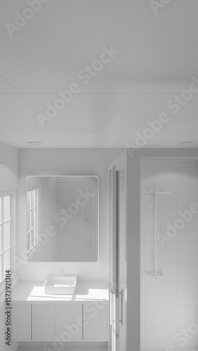 Minimalist bathroom interior 3D render featuring modern vanity, wall mirror, rainfall shower, and soft natural lighting through window. Concrete and wood textures enhance warmth and elegance.