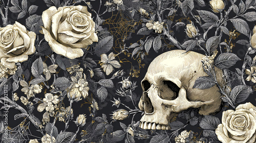 Intricate vintage-style illustration of a human skull surrounded by pale roses and detailed floral elements on a dark gothic background