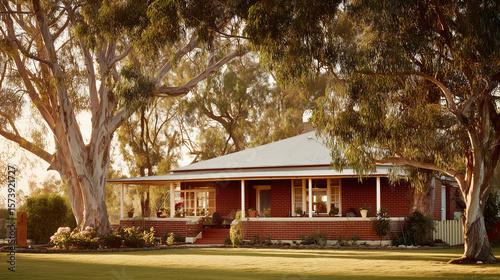 A charming red brick home with a wide veranda under the shade of eucalyptus trees.