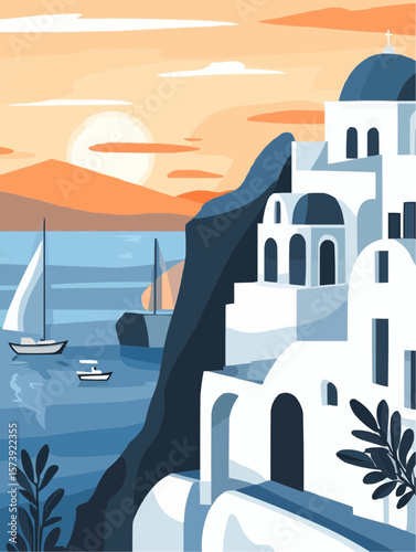 Naive flat Greek coastal village at sunset with white and blue houses, sailboats and sea, ideal for cheerful posters, nursery walls and summer packaging