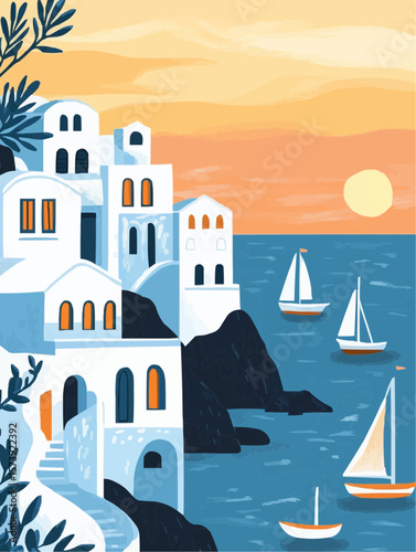 Naive Greek sunset scene with white and blue houses, calm sea, small sailboats and bright sky, perfect for packaging, seasonal decor and printable cards
