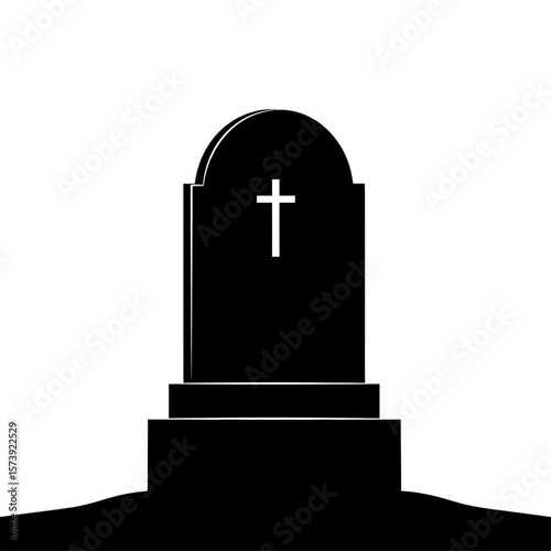 A minimalist black and white illustration of a tombstone with a cross on a white background