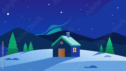 Winter snow village scene with cozy house and trees under a cold night sky
