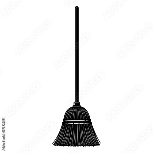 A black and white illustration of a broom with a long handle on a plain white background space