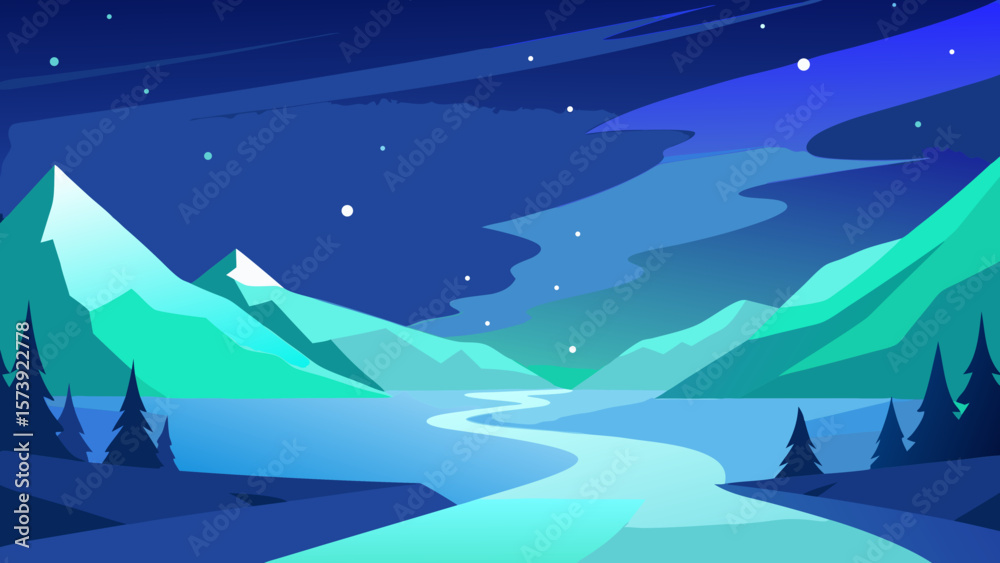 Fototapeta premium Snowy winter mountain landscape with a blue sky and a serene body of water