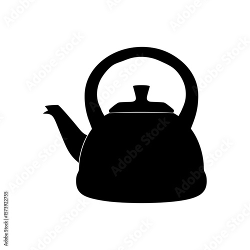 A black silhouette of a teapot with a rounded body handle and spout isolated on a white background