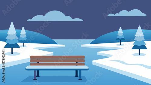 Winter snow and ice create a serene landscape with a lone bench overlooking the vast ocean under a cloudy sky, blending natural beauty with a touch of lonely design