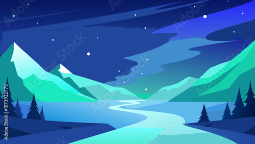 Snowy winter mountain landscape with a blue sky and a serene body of water