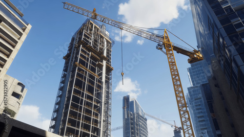 Progress of a modern urban construction project. Tower cranes building new city skyscrapers against blue sky.