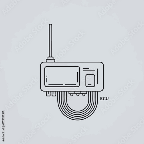 Minimalist illustration of an electronic control unit with antenna and connected wiring on a grey background