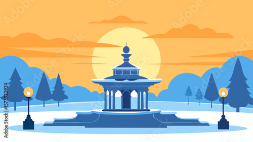 A serene vector illustration of a Russian orthodox church amidst a snowy winter city landscape under a vast sky
