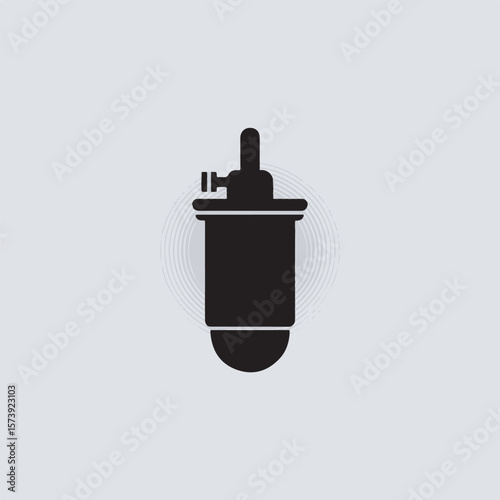 A simple black silhouette illustration of a fuel filter on a light grey background for automotive and mechanical use