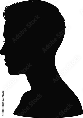 Silhouette of a person's head and shoulders under a spotlight against a white background in a studio