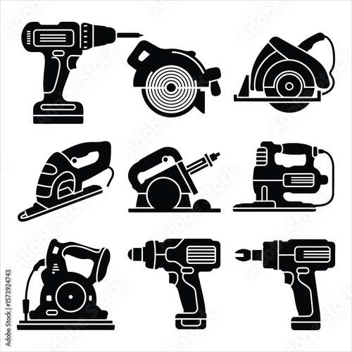 Black silhouette power tools drill sander