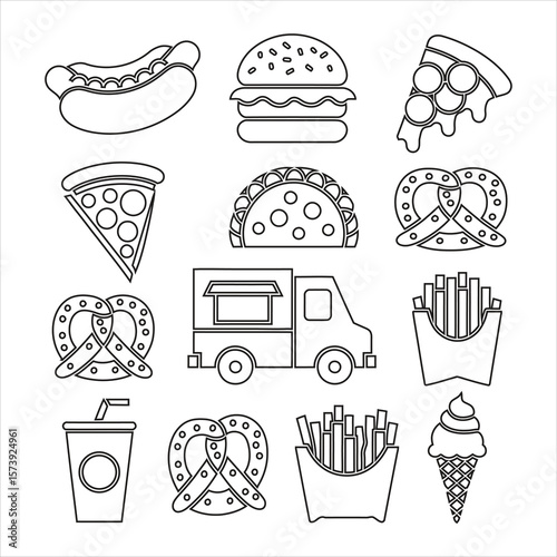 Hot dog burger pizza taco pretzels fries drink ice cream food truck vector