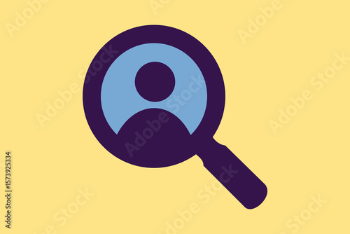 Abstract illustration featuring a magnifying glass highlighting a person icon. Represents concepts of focus, search, recruitment, and individuality in social or professional contexts