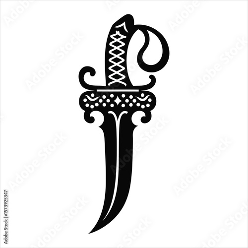 Ornate black dagger with curved blade and detailed hilt vector