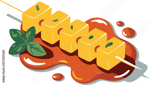 Chicken Satay with Sauce Splash creative isometric illustration with layered dimension and depth cues.