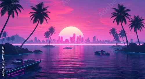 Retrowave sunset over a tropical bay with palm trees and futuristic city skyline in the distance