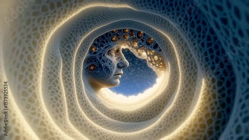 A surreal, ethereal journey through a luminous spiral, revealing a face intertwined with cosmic elements, evoking introspection and wonder. Inspired by themes of consciousness and existence.   