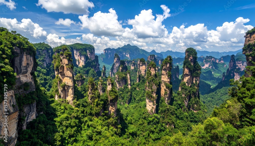 Naklejka premium Verdant peaks pierce cloudy sky vista.