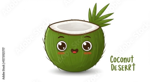 Cute cartoon green coconut character with a happy face and leaves