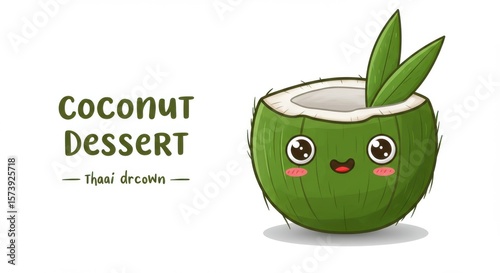 Cute cartoon coconut dessert with happy face and green leaves on white background