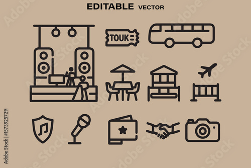 Collection of editable vector line icons representing travel entertainment and business concepts on a beige background