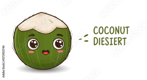 Cute happy green coconut character with surprised expression and text