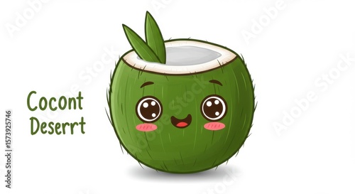 Cute happy green coconut with leaves and a smiling face