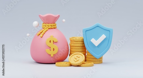 Pink money bag with dollar sign and stacks of golden coins protected by a shield