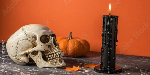 Obraz na plátně Spooky Halloween Still Life Skull Candle Pumpkin and Autumn Leaves