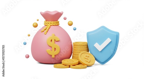 Secure money bag with coins and a blue shield with a checkmark