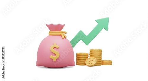 Pink money bag with dollar sign and rising green arrow with coins