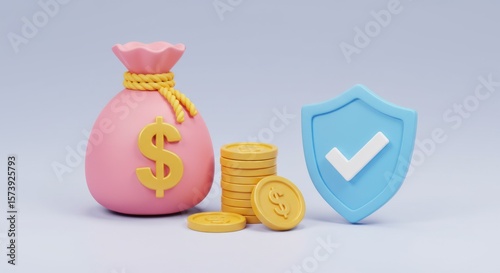 Secure financial savings with a pink money bag gold coins and a blue shield