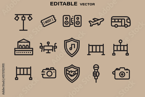 Collection of editable vector icons representing travel entertainment security and music events