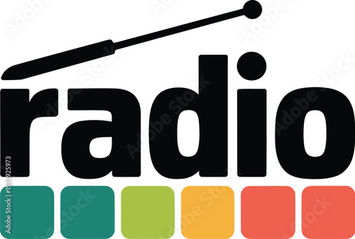 A logo featuring the word radio in bold black letters with an antenna and colorful squares below it