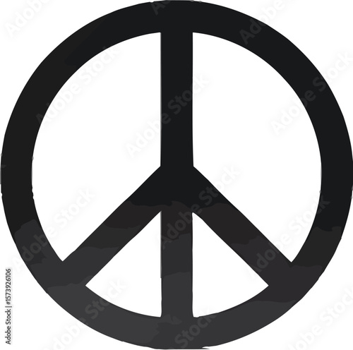 A minimalist studio shot of a black peace symbol standing on a white surface against a white background