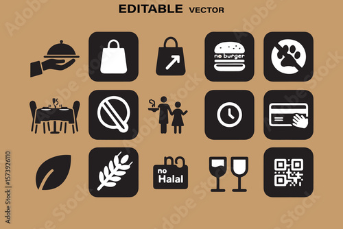 Collection of diverse restaurant and dining icons representing service restrictions and payment options