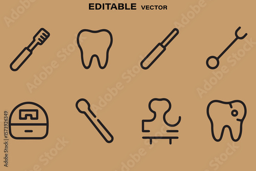 Collection of simple black line art icons representing dental hygiene and tools on a brown background