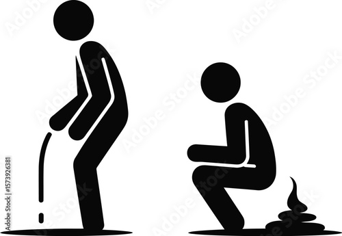 Stick figures depicting urination and defecation with a gray background in a minimalist style art