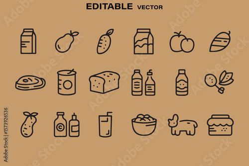 Collection of simple line art icons representing various food and drink items on a brown background
