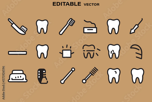 Collection of simple line art icons representing dental care and tooth health on a brown background