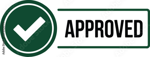 A graphic of a green check mark in a circle with the word approved on a white rectangular button