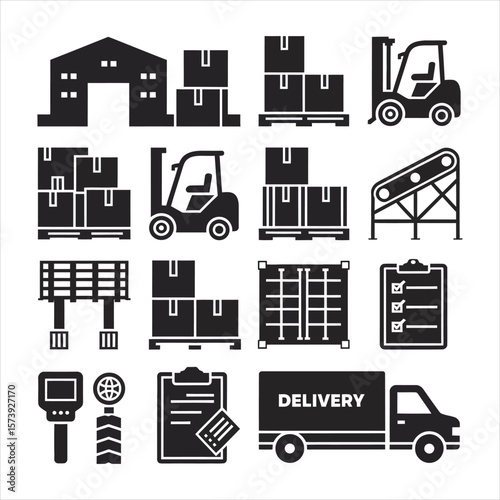 Warehouse forklift boxes conveyor belt shipping container clipboard delivery truck pallets